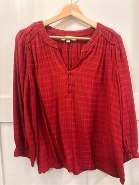 LOFT Red Long-Sleeve Button-Front Peasant Blouse